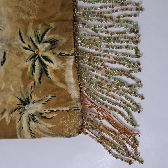 Vintage wood circle handle Hawaiian print beaded tassel fringe retro purse - Picture 5 of 16